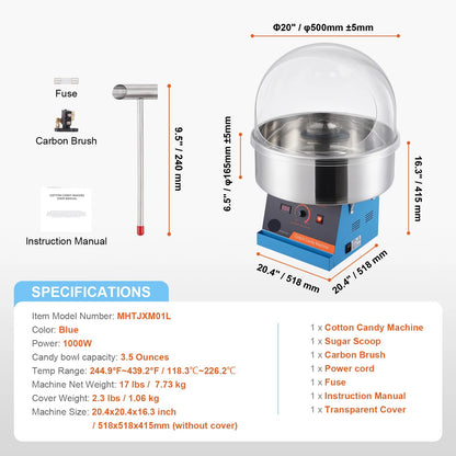 Suikerspinmachine Elektrisch - Suikerspinmachines - Mini Suikerspin - Suikerspinmaker - 1000W - RVS Kom - Instelbare Temperatuur - Suikerschep Inclusief – Voor Feest - Kermis & Evenementen - Blauw met Hoes