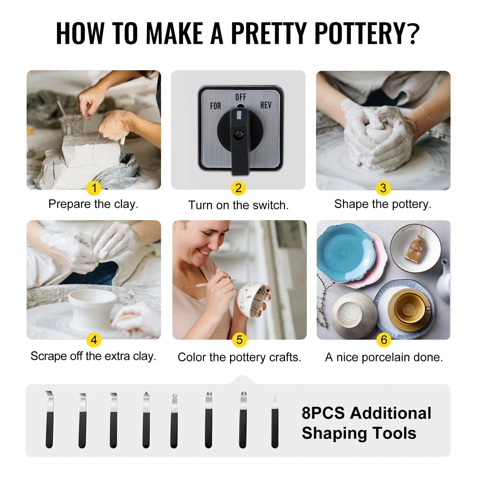 SucceBuy Pottery Wheel 25CM 280W Electric Pottery Forming Machine with Foot Pedal Detachable Basin and Shaping Tool Set for DIY - QUORE