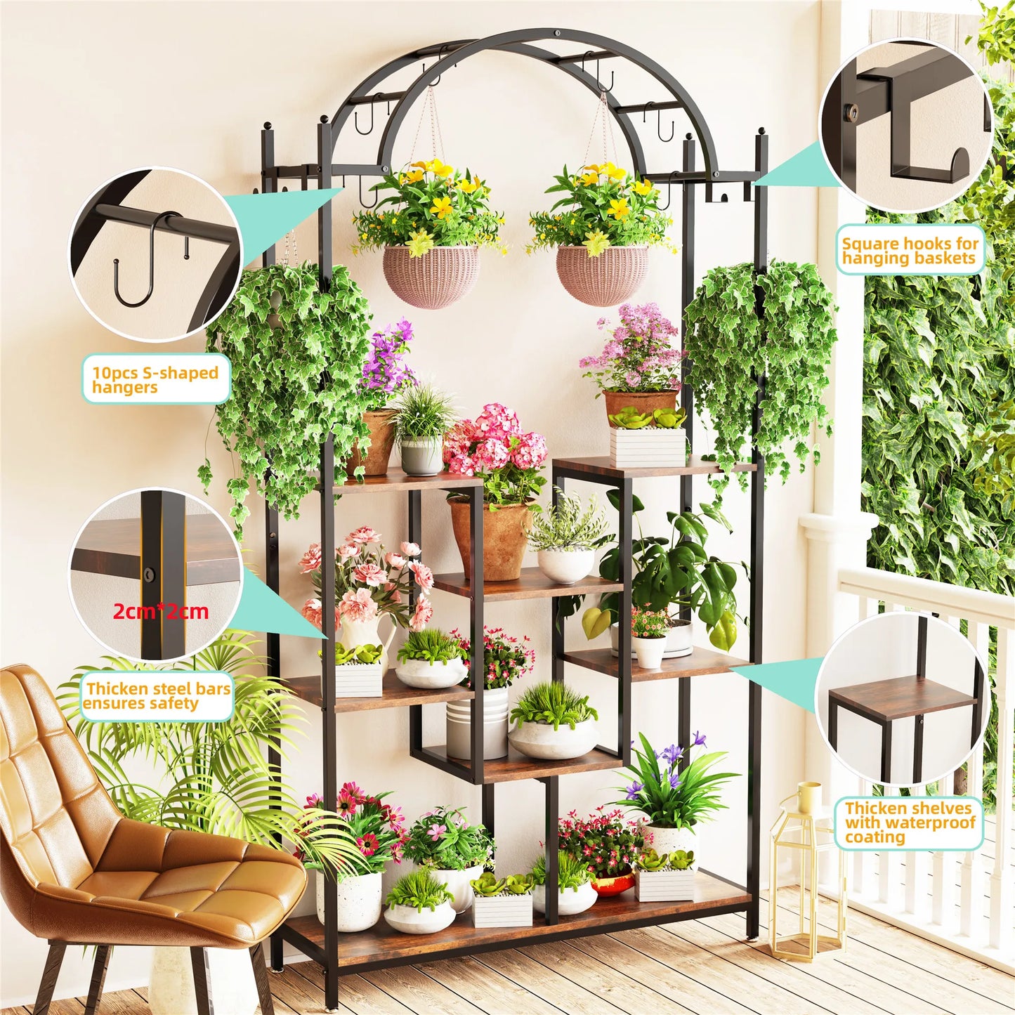 Plantenstandaard Binnen - Plantenrek Binnen - Industrieel Plantenrek - 190cm - 5-Laags Hoge - Metalen en Haken - Houten Planken - voor Binnen & Buiten - Broen