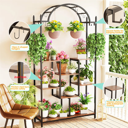 Plantenstandaard Binnen - Plantenrek Binnen - Industrieel Plantenrek - 190cm - 5-Laags Hoge - Metalen en Haken - Houten Planken - voor Binnen & Buiten - Broen