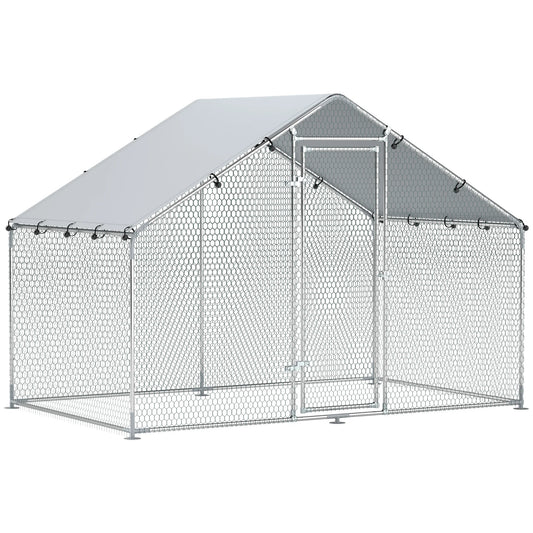 Kippenren – Kippenhok – Pluimveerek – Hennenren – Buitenren – Zilver 300x340x190 cm – Verzonken Stalen Buizen – Waterdichte UV-bestendige Oxford Hoes