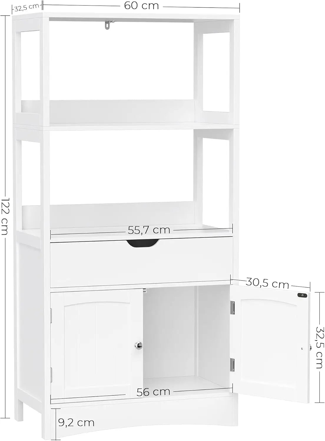 Hoge Vrijstaande Badkamerkast – Witte Opbergkast met 2 Deuren - Lade & 3 Open Planken – Moderne Multifunctionele Kast voor Badkamer - Keuken of Woonkamer