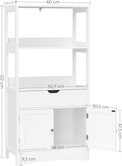 Hoge Vrijstaande Badkamerkast – Witte Opbergkast met 2 Deuren - Lade & 3 Open Planken – Moderne Multifunctionele Kast voor Badkamer - Keuken of Woonkamer