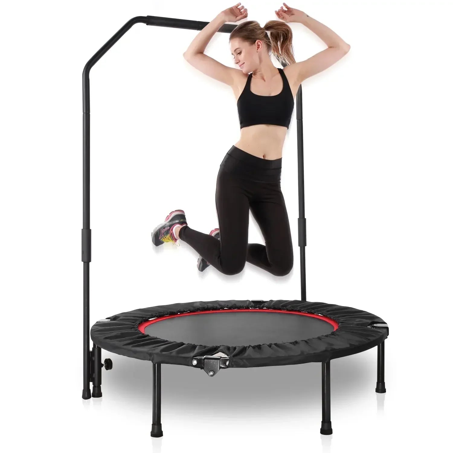 Fitness Trampoline - Mini Trampoline - Opvouwbaar Ontwerp - 40 Inch - Met Verstelbare Handgreep - Indoor Rebounder - Rubberen Antislip Voetjes - Voor Sport - Cardio Workout - Max 150 kg - Black en Blauw - QUORE