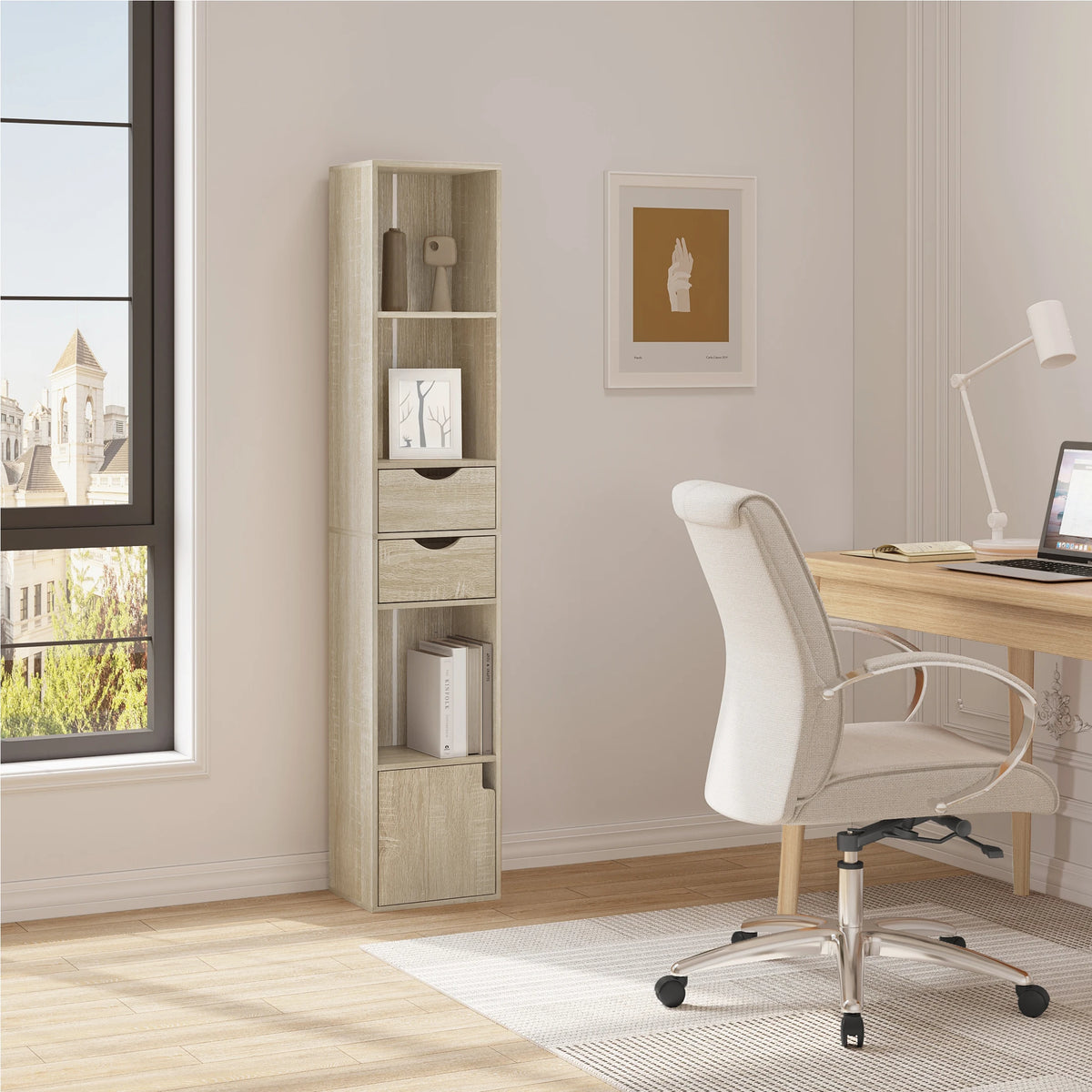 Boekenkasten - Boekenplank - Wandplank - Boekenrek - Opbergrek Organizer - 30x158x24cm - met Lade Deur - voor Woonkamer Decor - Licht Eiken - QUORE