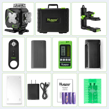 Huepar S04CG-5RG 4D Green Beam Cross Line Laser Level Set With Detector,Bluetooh,Remote Control,Bracket & Hard Case Tool Kit