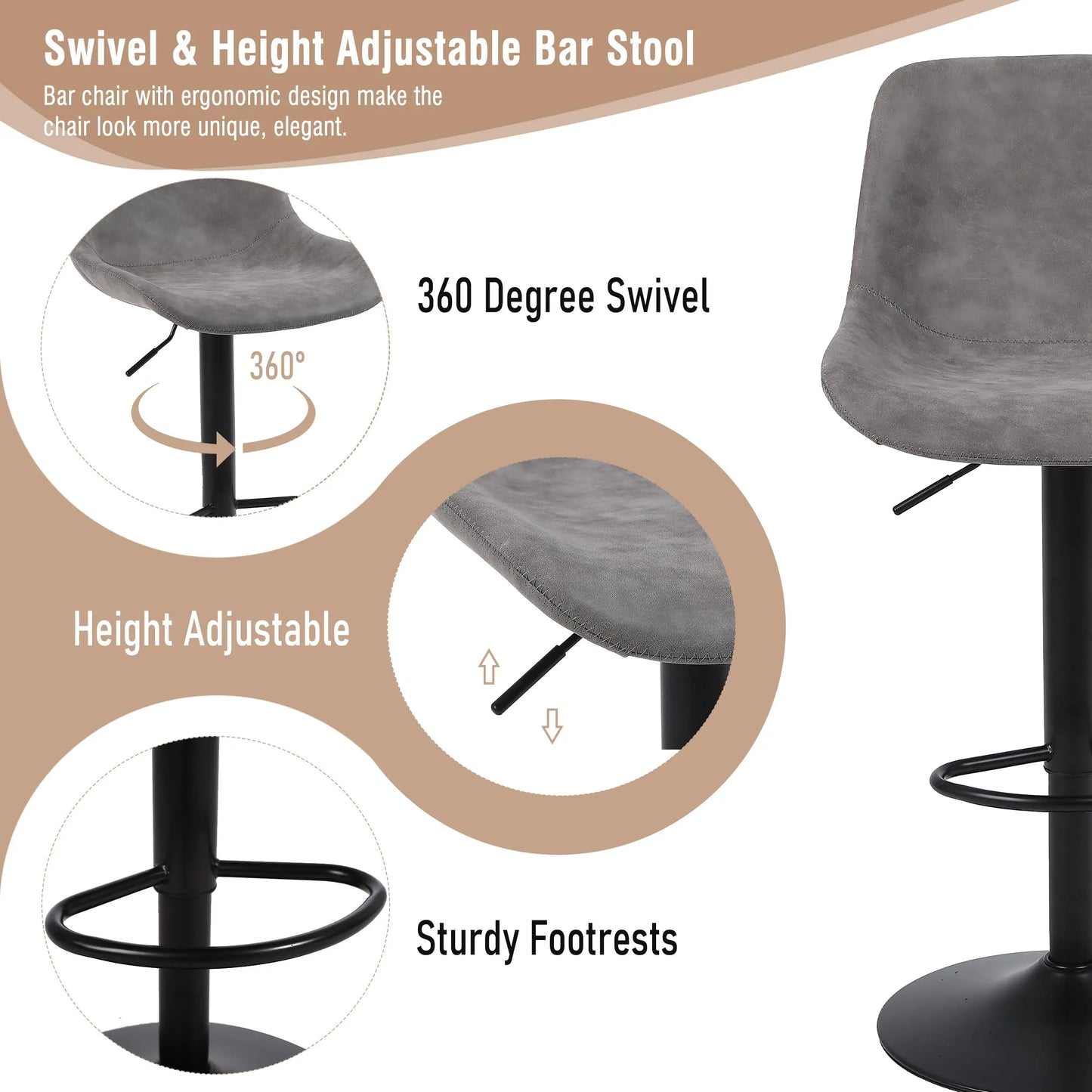 Barstoelen Set van 3 – Barkrukken – Keukenstoelen – Draaistoelen – Verstelbare Stoelen – Grijs – 360° Draaifunctie – PU Leder Bekleding