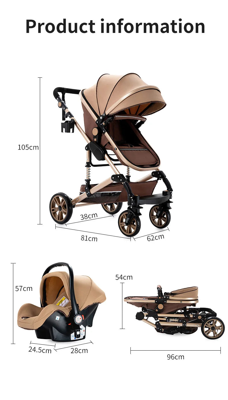 3 in 1 Baby Stroller High Landscape Foldable Lightweight Pushchair with Reclining Seat for Newborn to Toddler Travel - QUORE