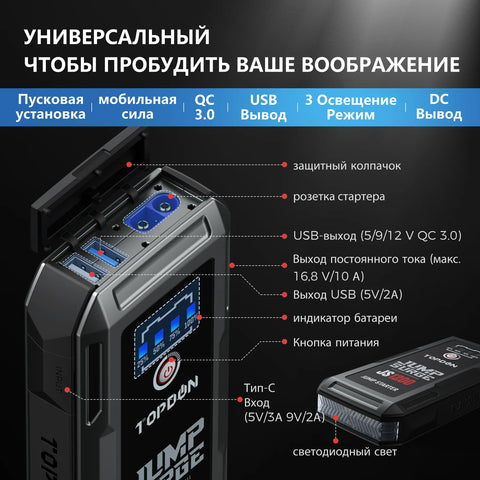 Jumpstarter - Jumpstarter voor Auto - Auto Startapparaat - 12V - 1200A - 10000mAh - IP64 - Jumpstarter met Powerbank - Smart - Jumpstarter - USB - Verlichting - Sigarettenaansteker - Zwart