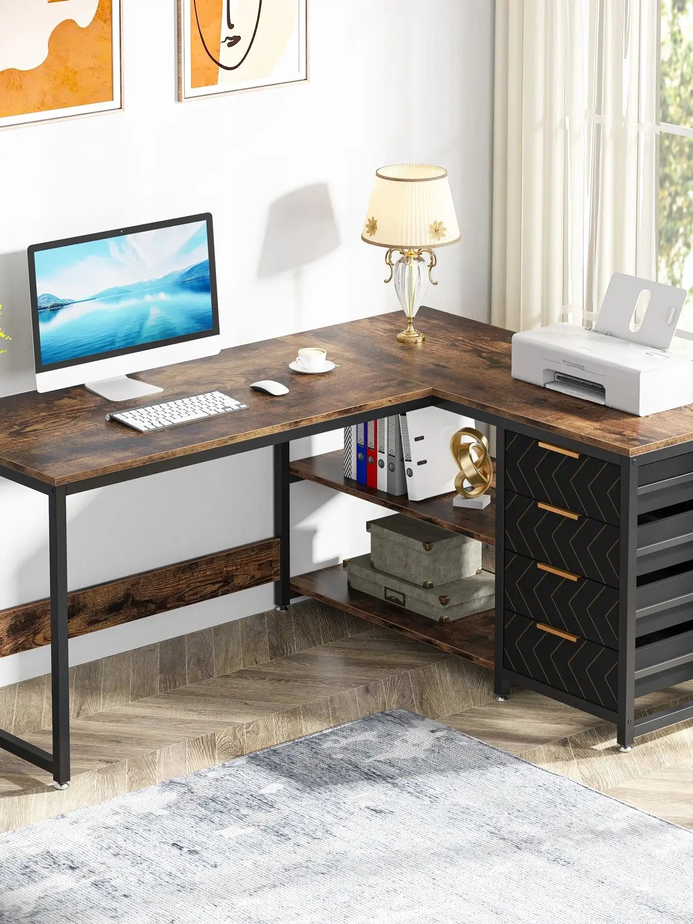 Game Bureau - Bureau - Hoekbureau - Game Bureau - 59" - L-vormige Computertafel - met Opberglades - Reversibel Kantoor- & Studiobureau - met Planken - Chocolade