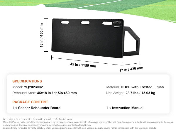 Rebounder - Rebounder Voetbal - Rebounder Bord Voetbal - Voetbal - 45X18 inch - met 2 hoeken Rebound - Opvouwbaar en draagbaar - HDPE Kickback Rebound Board - QUORE