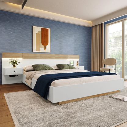 Tweepersoonsbed – Bed – Ledikant – Slaapbank – Bedframe – 180x200 cm – Massief Hout – Ingebouwde USB-C & LED Nachtkastjes - QUORE