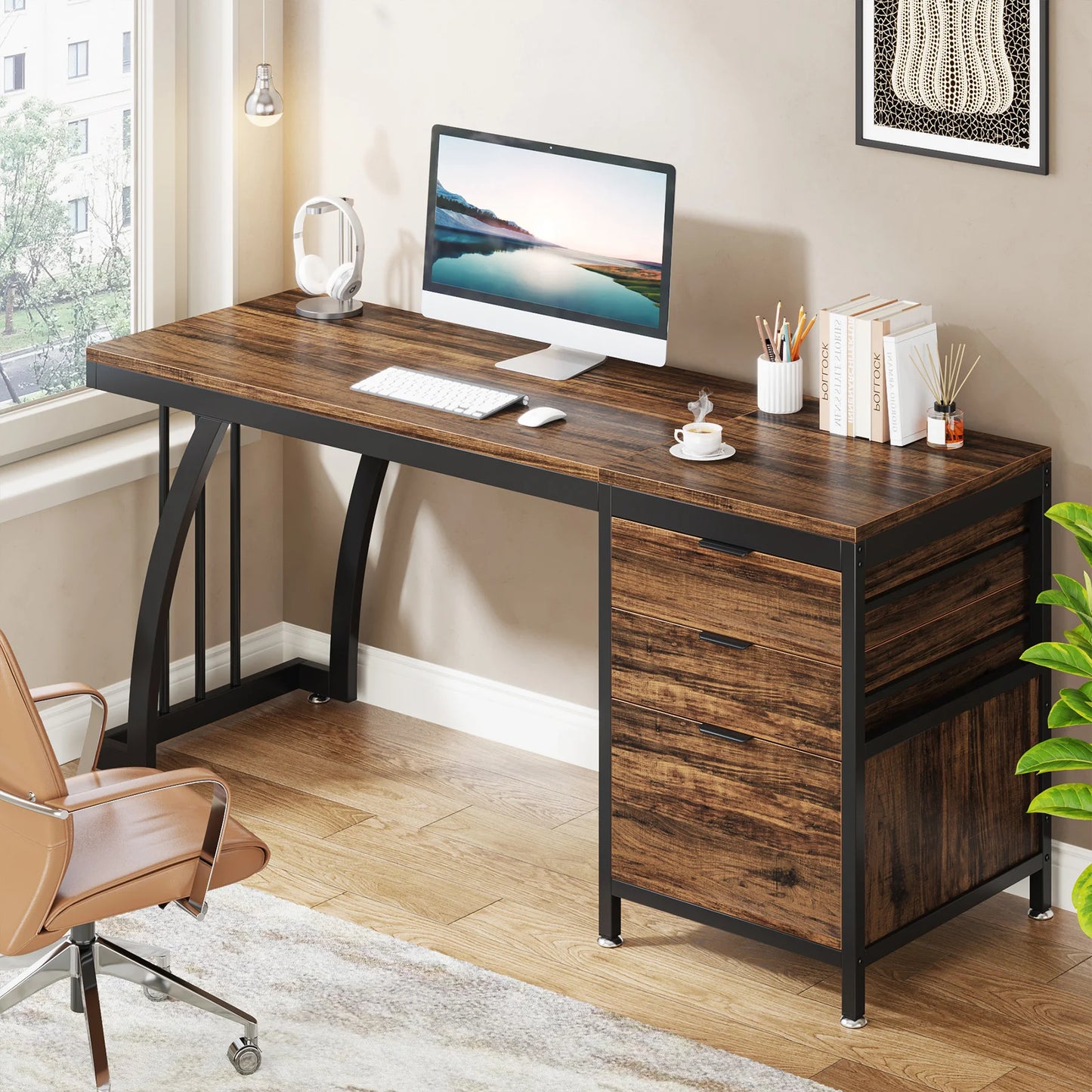Computerbureau – Bureaumeubel – Werkplek Bureau – Studiebureau – Bureau Met Lades – 150x50 cm – Verstelbare Pootjes - Rustiek Bruin 03