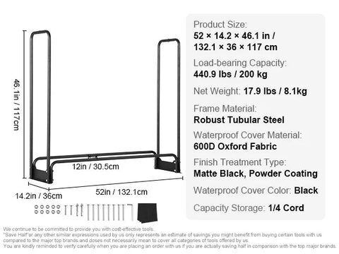 Firewood Rack - Firewood Rack - Indoor Wood Storage - Wood Storage - Wood Rack - Indoor Firewood Rack - Firewood Storage - Firewood Rack - Outdoor Firewood Rack - 600D Oxford Waterproof Cover - 52x12x46 inch - Black