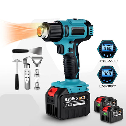 Heteluchtpistool - Verfafbrander – Heatgun - Heteluchtpistool - Draadloos - 2500W - 18V - 50-550°C Instelbaar – LED Temperatuurdisplay – Met 2 Accu’s en Accessoireset
