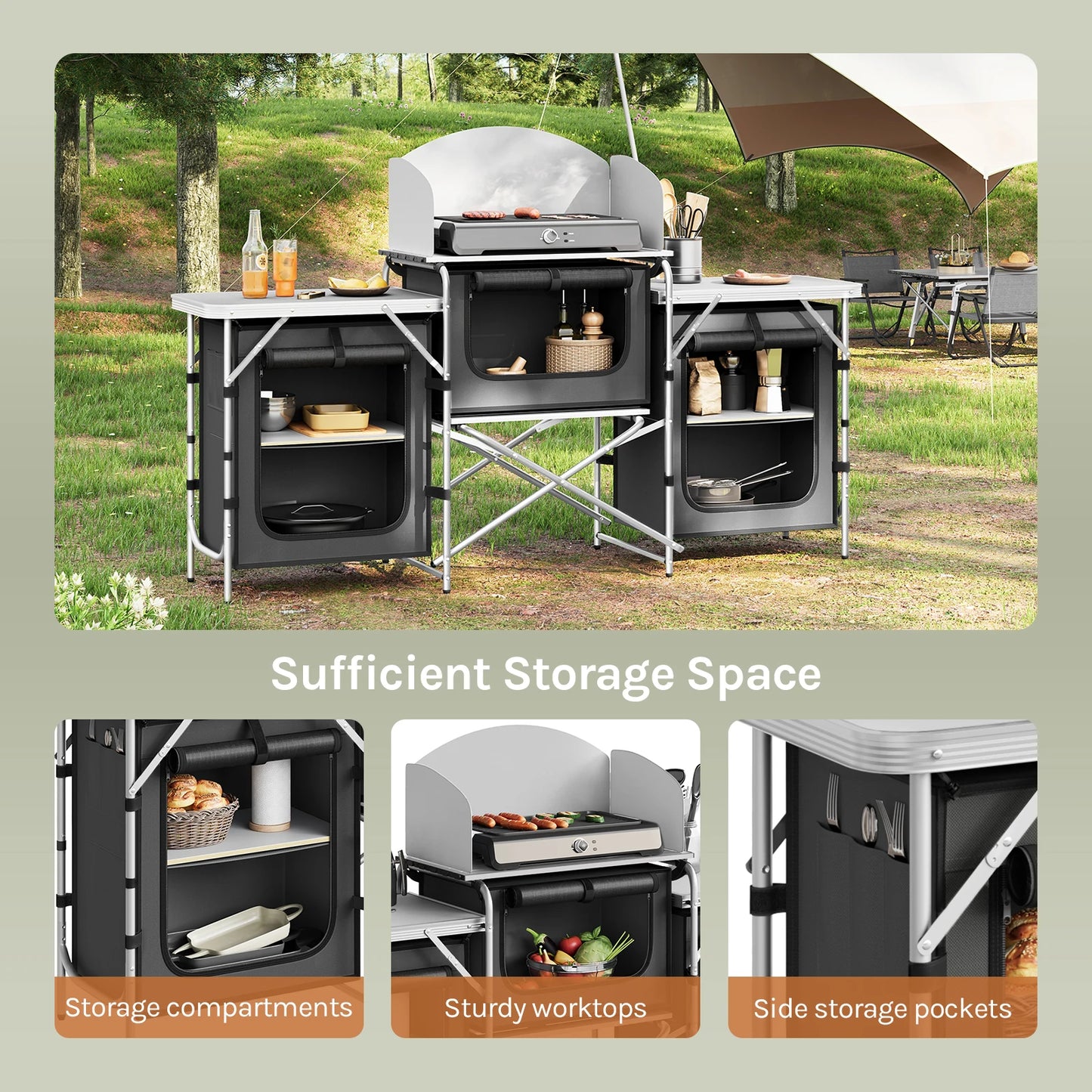 Campingkast - Campingkeuken - Campingkast Opvouwbaar - Kampeerkast - met Werkbladen - Aluminium Reiskeuken - Met Opbergruimte en Draagtas - voor Buiten, Tuin en BBQ – Donkergrijs