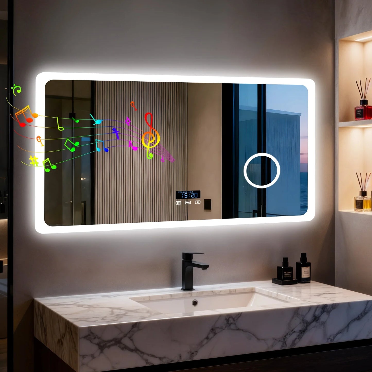 LED Badkamerspiegel – Badkamer Spiegel – Make-up Spiegel – Verlichte Spiegel – Bluetooth Spiegel – 120x70 cm – Dimbare LED Verlichting – 3x Vergrotingslens