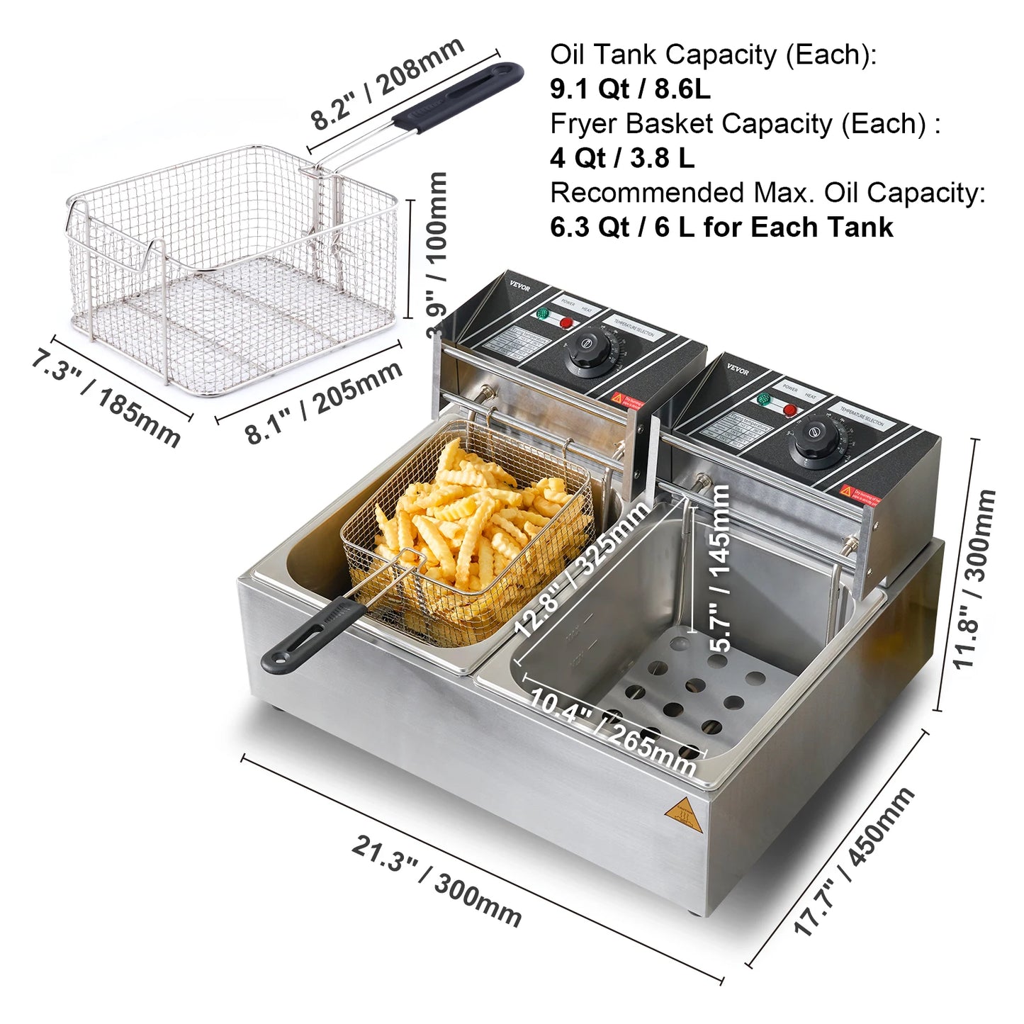 VEVOR Commercial Electric Deep Fryer, 24L 3000W Electric Countertop Fryer with Dual Removable Basket, for Kitchen, Restauran