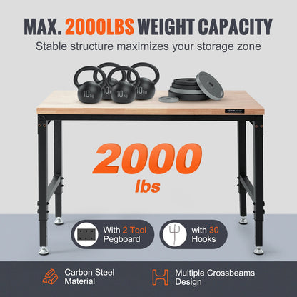 Verstelbare Werkbank - Werktafel - Industriële Werkbank - Garage Werkbank - met Wielen - 48x24inch - 2000lbs - Hoogte Verstelbaar - Houten Werktafel - Met Stopcontacten & Opberghaakjes – Mobiele Werktafel - voor Garage - Werkplaats