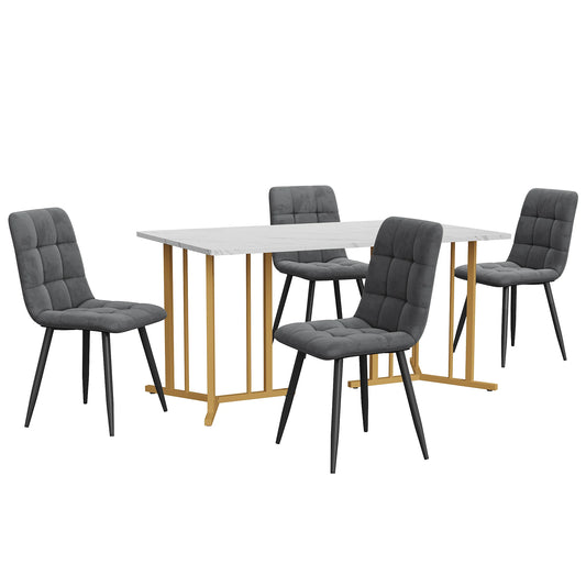 Eettafelset – Eettafel Met Stoelen – Dinerset – Fluwelen Stoelen – 140x80 Cm Tafel – Verstelbare Pootjes – Metalen Frame - Grijs & Goud