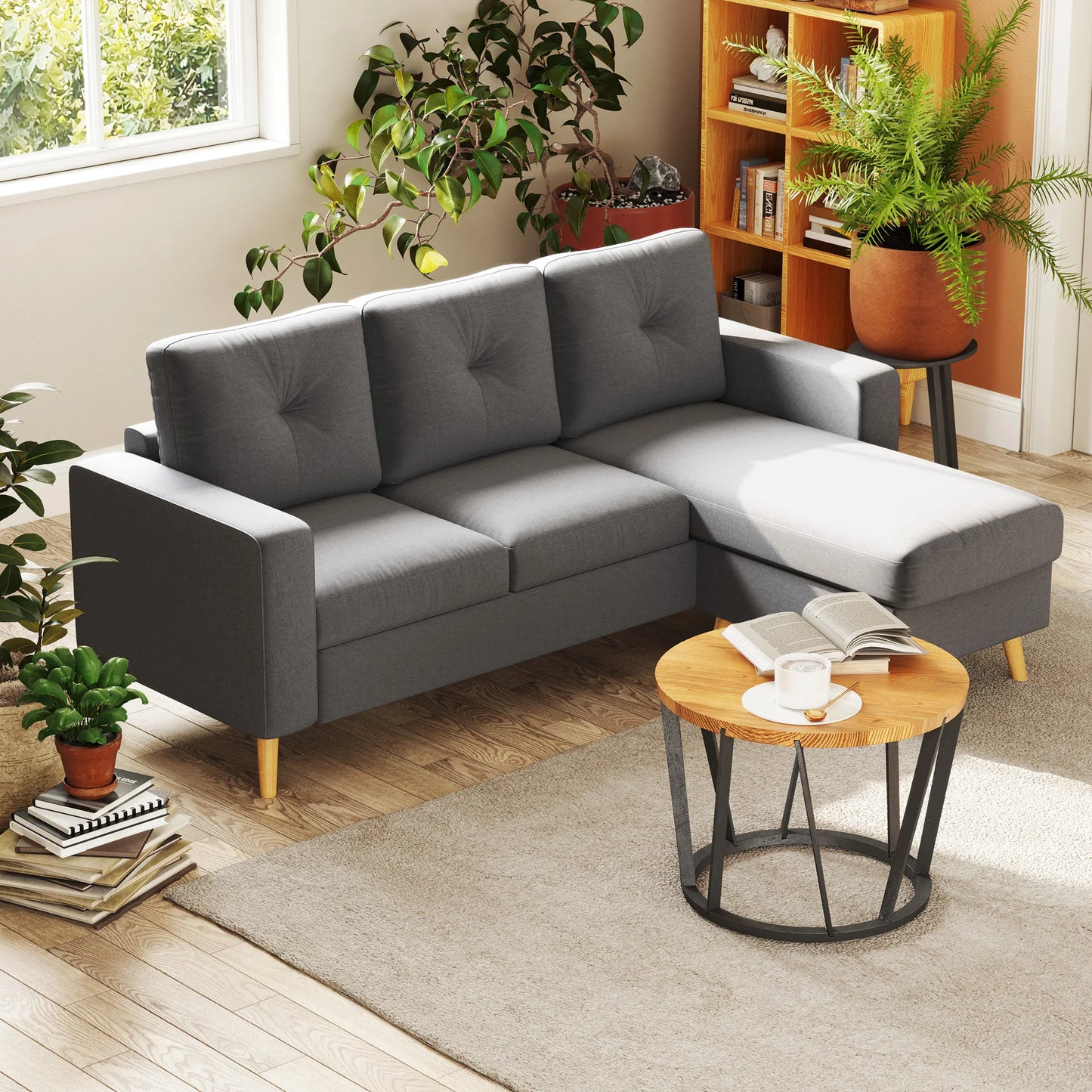 Hoeksalon – Hoekbank – Hoekzetel – Bank – Zitbank – 3-Zits – Donkergrijs Polyester – Omkeerbare Chaise Longue