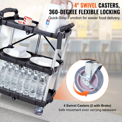 Serveerwagen - Keukentrolley - Utility Cart - Roltafel - Vouwbare - 3-Tier - Slim Slide Organizer - voor Keuken, Badkamer of Opslagruimte - QUORE