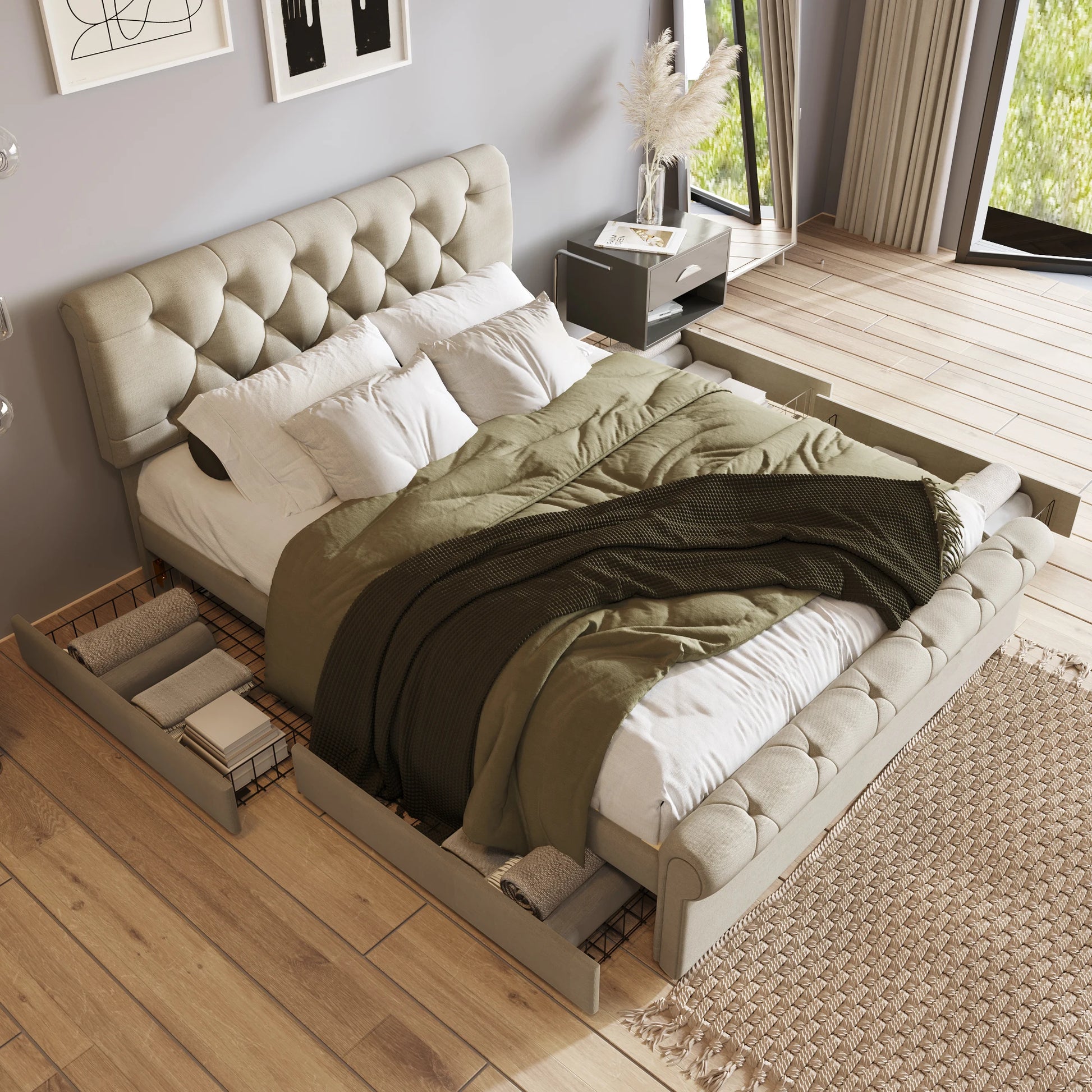 Polsterbed – Tweepersoonsbed – Bed Met Opbergladen – Bed 140x200 Cm – Verstelbaar Hoofdeinde – Huidvriendelijke Linnenstof - QUORE