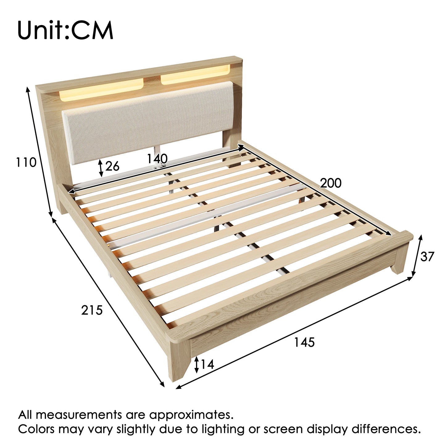Bedframe – Tweepersoonsbed – Houten Bed – Platformbed – Gebruikt als Bedombouw – 140x200 cm – LED Verlicht Hoofdbord – Met Opbergruimte en Gestoffeerde Rugleuning