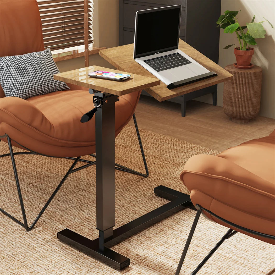Laptoptafel - Bijzettafel - Bedtafel - Laptopstandaard - Op Wielen - In hoogte verstelbaar - Metaal - Hout - Kantelbaar - QUORE