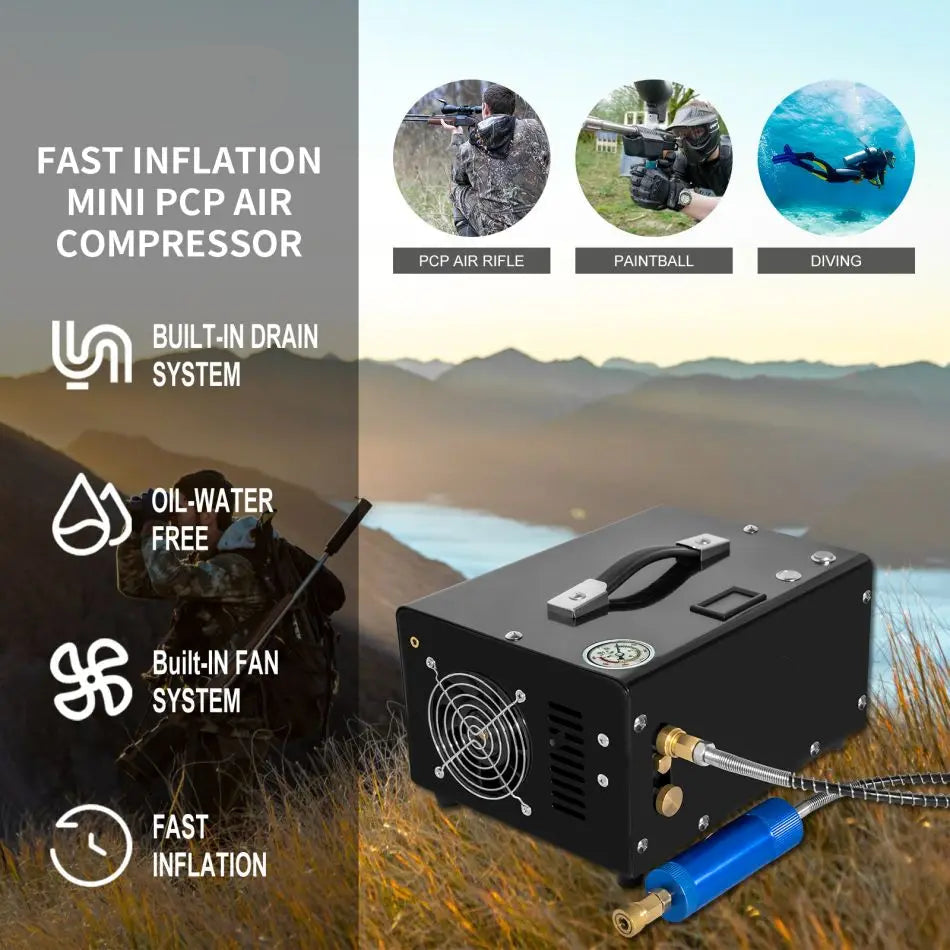 Luchtcompressor - Draagbare Luchtcompressor - Airpress Compressor - 300Bar - 4500Psi PCP - 220V - Hoge druk - Draagbare Compressor - met 12V-voeding voor Auto - voor Duiken - met Luchtgeweer