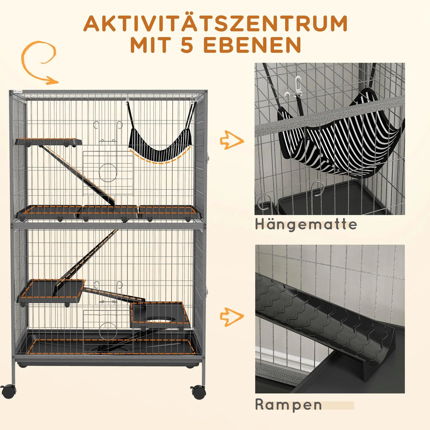 Multifunctional Small Animal Cage with 4 Platforms 3 Ramps 4 Doors Steel Grey Silver Black Size 80L x 52B x 128H cm