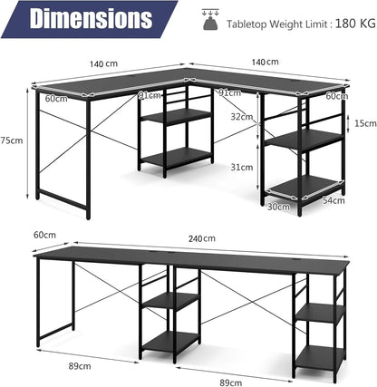 L-vormig Bureau – Computerbureau – Werkplek – Gametafel – Thuiswerkplek – Verstelbare Planken – Robuust Stalen Frame – Zwart Houten Blad - QUORE