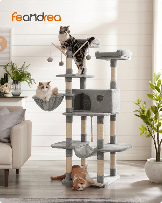 Krabpaal - Kattenboom - met Grote Cave - Arbre a Chat - 3 Platforms - XL - 164 cm - Meerdere Verdiepingen - Krabplank - en Sisal Riem - Stabiel - Geschikt voor 3 Katten - Houten Constructie - Lichtgrijs