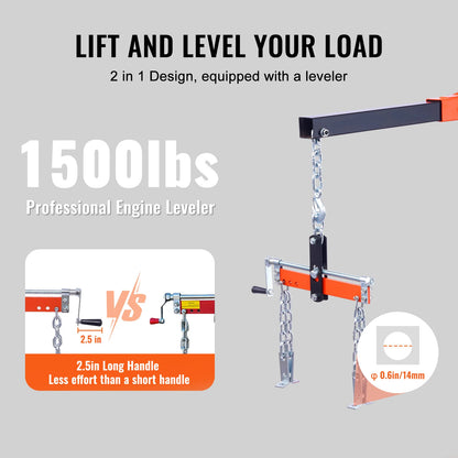 VEVOR Hydraulic Engine Hoist with Lever 2 Ton/4400 LBS Foldable Engine Crane and Engine Hoist Leveler for Auto Repair, Loading