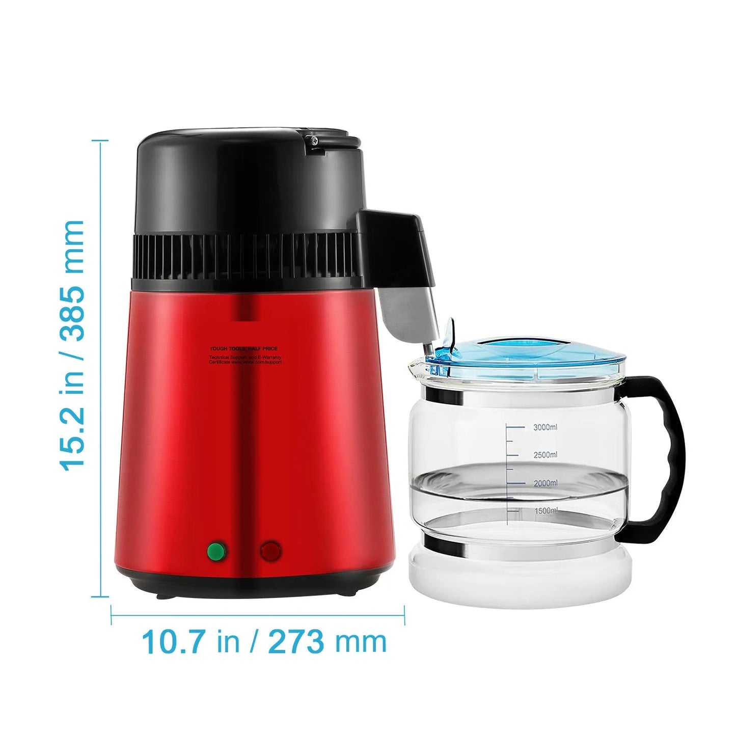 Destilleerapparaat - Water Destilleerapparaat - Waterdispenser - Waterdistilleerder - 4L - Krachtige 750W Waterzuiveraar voor Thuisgebruik - Rood - QUORE