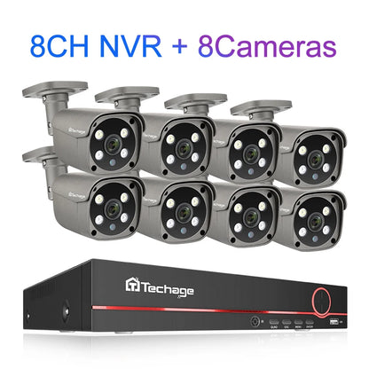 Techage H.265 8CH 5MP 8MP 4K POE Camera System AI Full Color Night VIsion Face Detection CCTV Video Security Surveillance Kits - QUORE