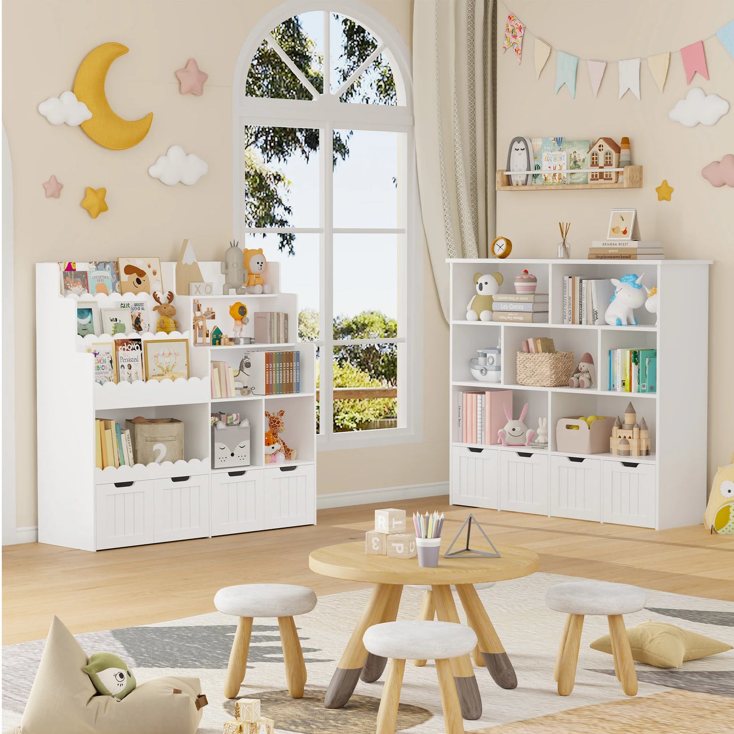 Kinderboekenplank – Speelgoedkast – Opbergmeubel – Boekenkast – Kinderkamermobiel – Wit – Met 4 Lades op Wieltjes – Hoogwaardig Hout – Afmetingen 125,5x40x120 cm