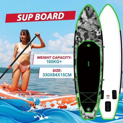 Supboard - Paddle Board - Peddelplank - Surfplank - Opblaasbaar - met Zitje - Inc. Rugzak - Peddel - Handpomp - Reparatieset - Leiband - Vinnen - Handleiding - Waterdichte Tas - 330 × 84 × 15 cm - Groen