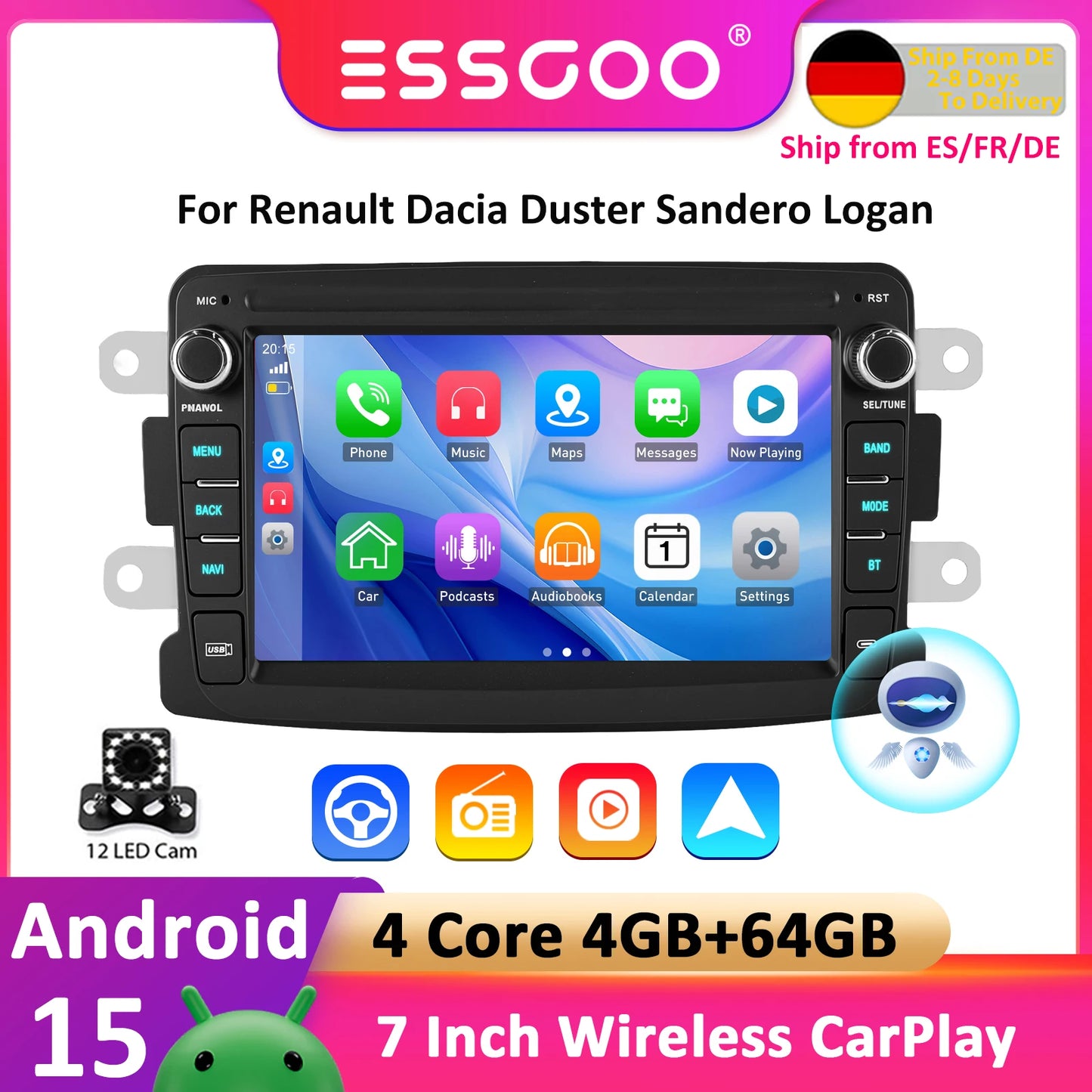 ESSGOO Android 15 Car Radio Carplay 4+64G For Renault Dacia Duster Sandero Logan Car Multimedia Player GPS WiFi RDS