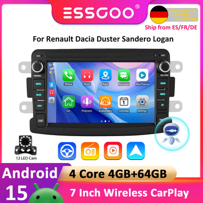 ESSGOO Android 15 Car Radio Carplay 4+64G For Renault Dacia Duster Sandero Logan Car Multimedia Player GPS WiFi RDS