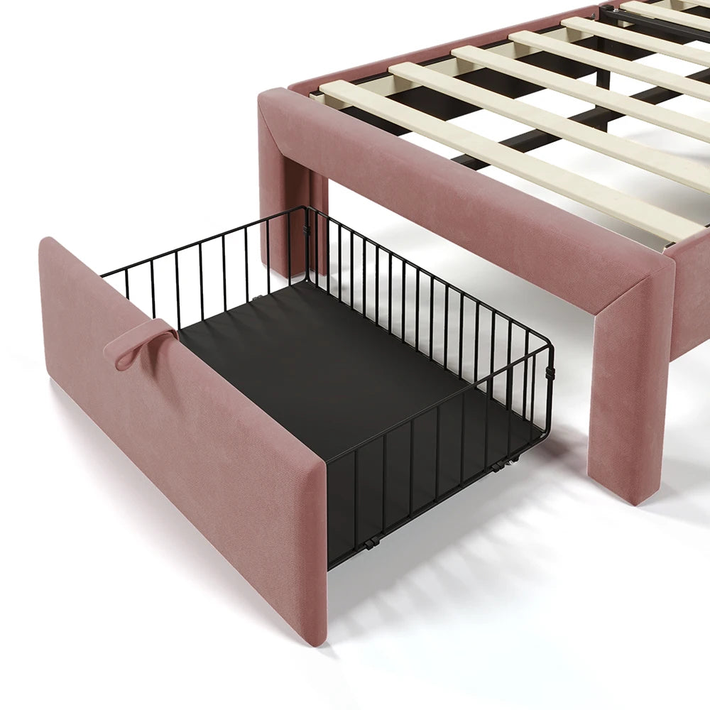 Kinderbed – Eenpersoonsbed – Bed met Opbergruimte – Kinderbed Frame – Led Bed – 90x190 cm Roze – Verstelbare Hoofdsteun – RGB LED-verlichting Bediening via App