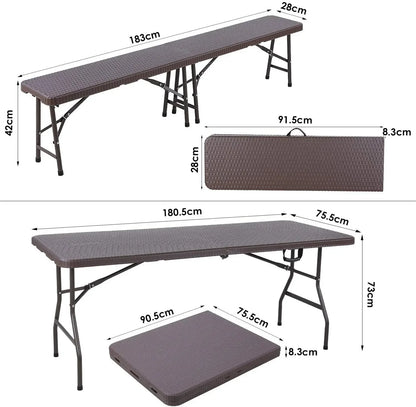 Inklapbare Tafel En Banken – Campingset – Buitenmeubel – Picknicktafel – Feestset – Rattan Look – Hoog Draagvermogen