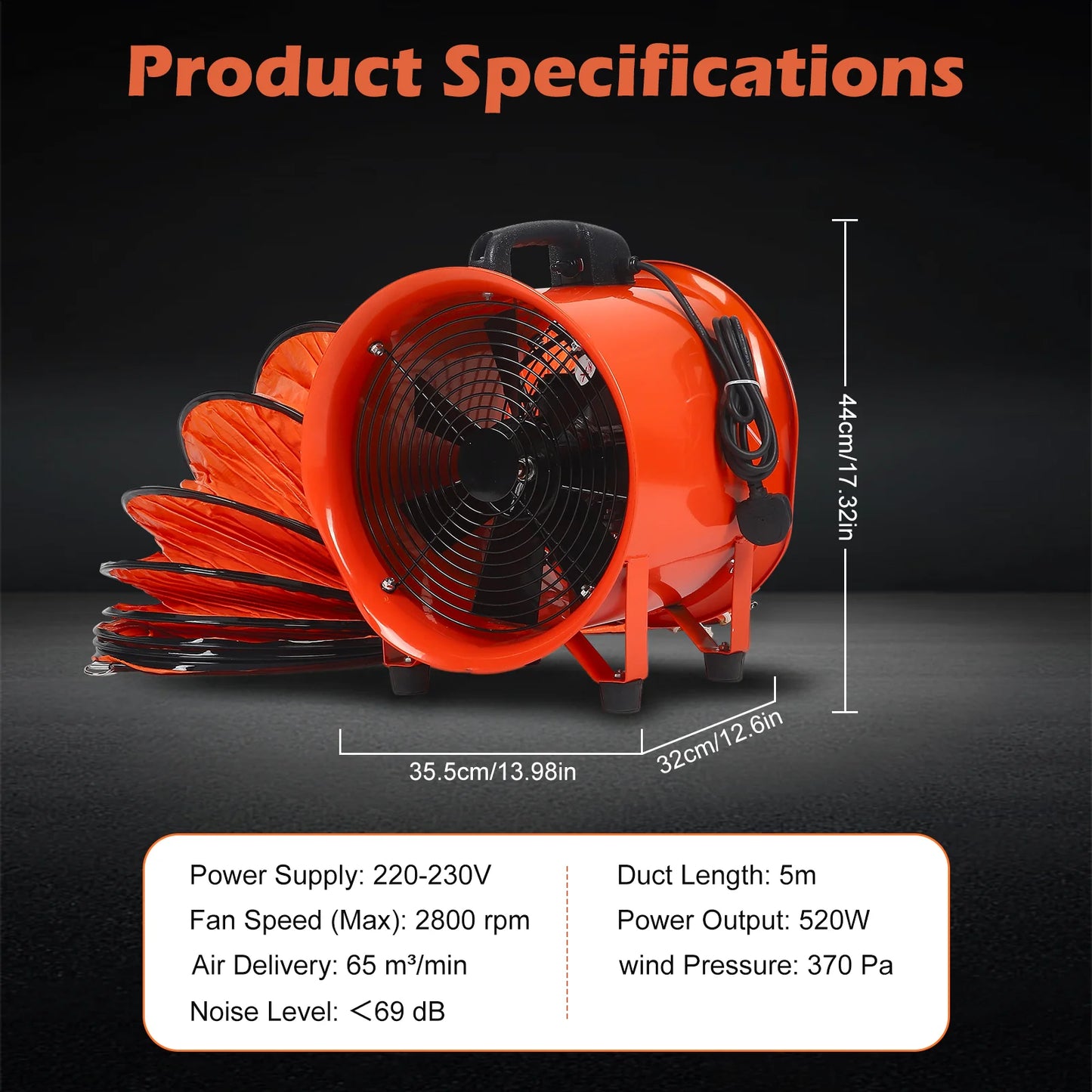 Afzuigventilator – Buisventilator – Kanaalventilator – Wandventilator – Industriële Ventilator – 12 Inch Ø30 cm – 380W Motor en 5 Meter PVC Luchtslang