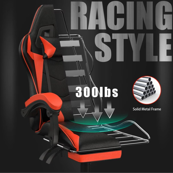 Gaming Stoel - Bureaustoel - Swivel Stoel - met Voetsteun - Hoofdsteun - Verstelbare - Rugleuning - Lendenkussen - Ergonomische - Draaibare - 68 x 50 x 122-144 cm - Rood