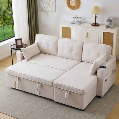 L-vormige Slaapbank – Hoekbank – Bedbank – Slaapbank Met Opbergruimte – 211x130 Cm – Katoen-Linnen Stof – Houten Basis