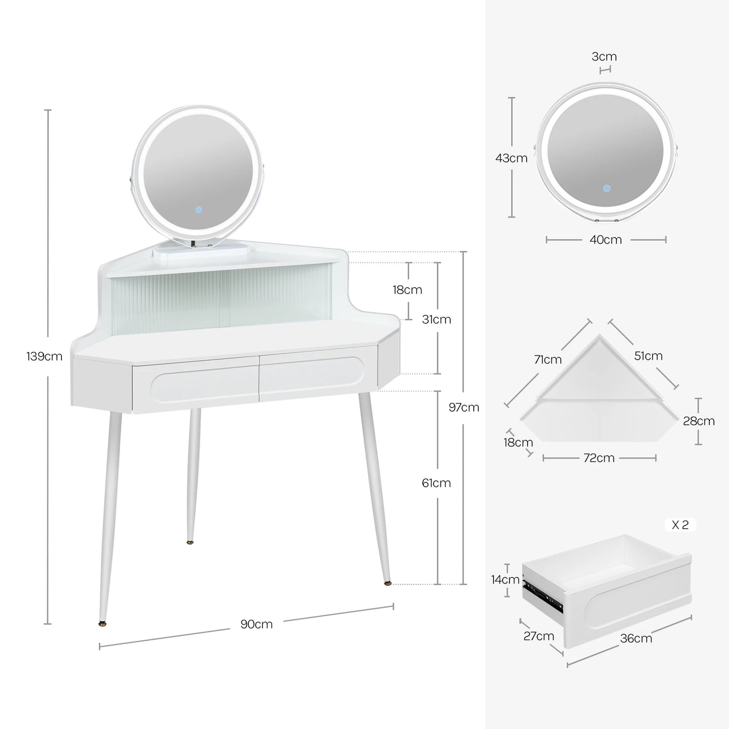 Hoekmake-uptafel – Kaptafel – Make-uptafel – Sieradentafel – Wit – Verstelbare Spiegel Met Verlichting – Ruimtebesparend Ontwerp