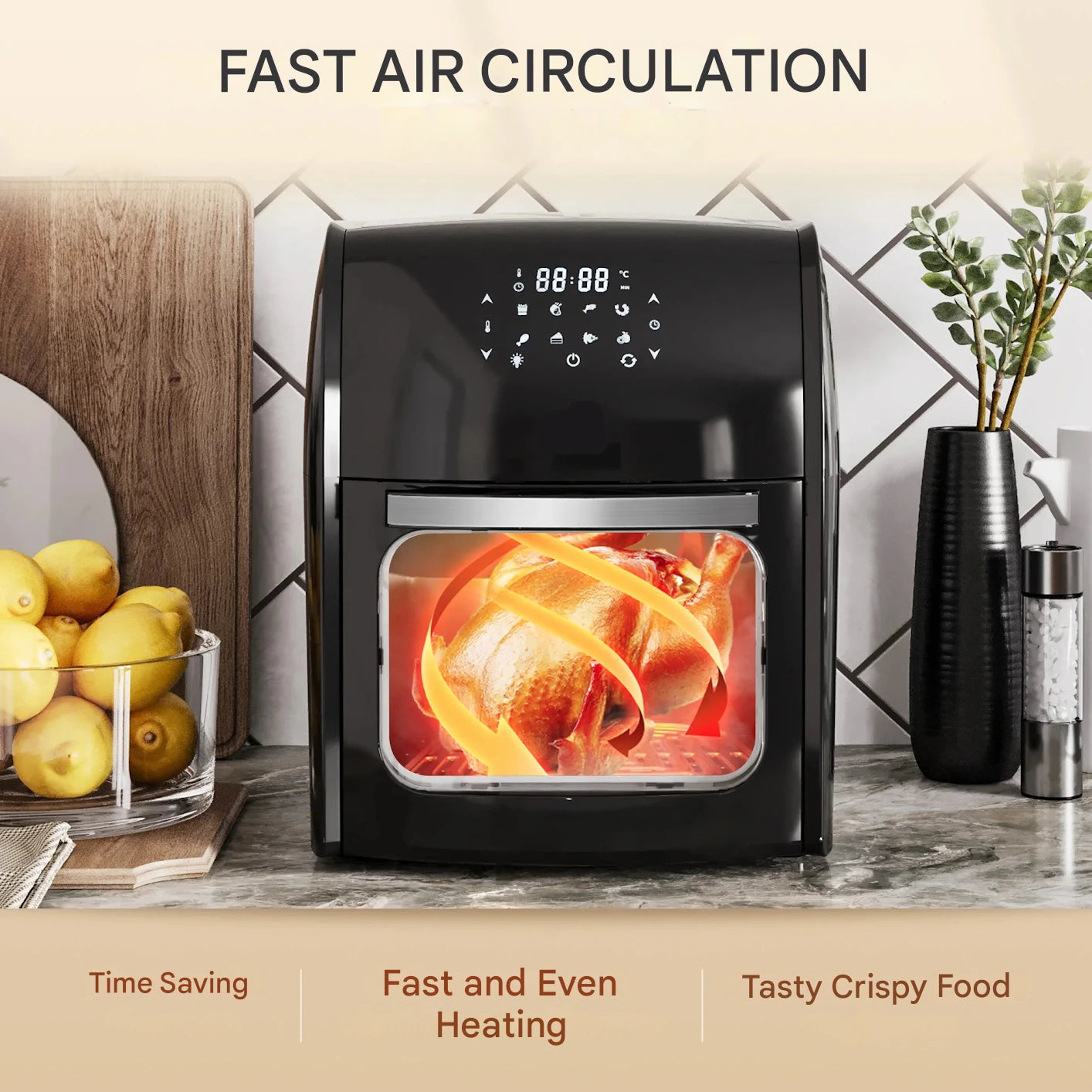 Airfryer - Heteluchtfriteuse - Keukenapparaten - met LED-Touchscreen - Timer - 8 Programma's - 1800W - 12L - 220-240V - 50Hz-60Hz - 35 x 33.5 x 40 cm - Zwart