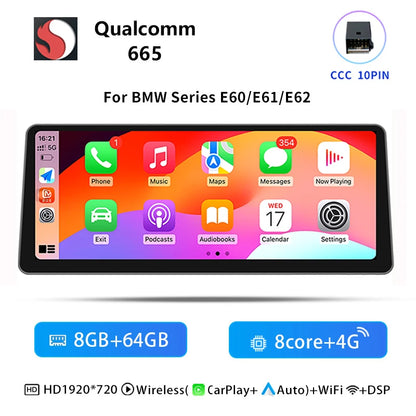 Multimediasysteem Auto – Infotainmentsysteem Navigatie Scherm Touchscreen – 12,3 Inch HD – Android 14 Snapdragon 665 – 8GB RAM 64GB Opslag – CarPlay Android Auto – Voor BMW 5 Serie E60 E61 3 Serie E90 E91 E92 E93 – CCC CIC - QUORE