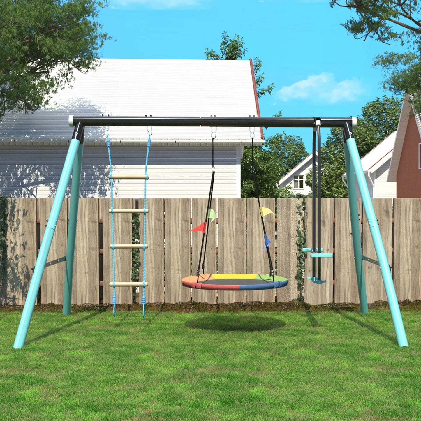 Speeltoestel – Buitenspeelset – Klimrek – Schommel – Speelset Kinderen – Metalen Frame – Verstelbare Nestschommel - 287 x 180 x 188 cm - Blauw
