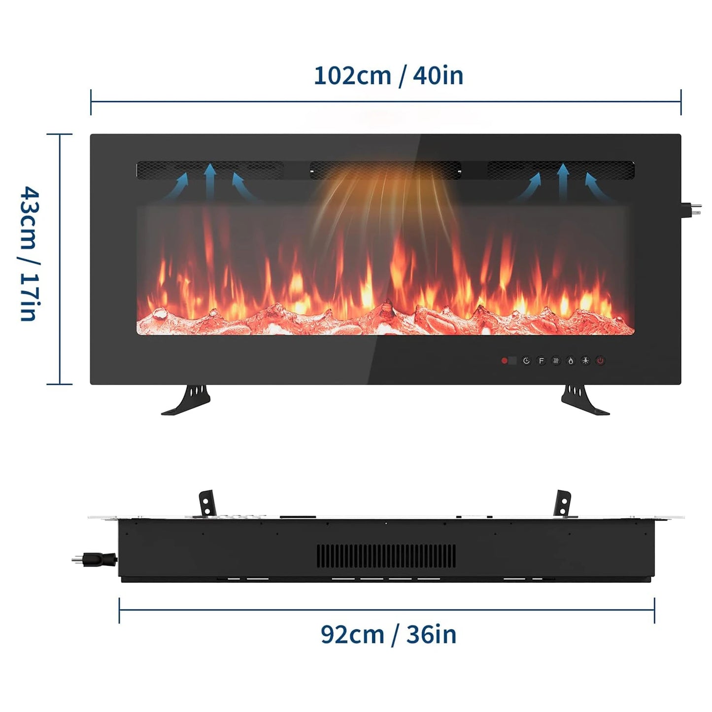 Elektrische Haard – Wandhaard – Inbouwhaard – Sfeerverwarming – Elektrische Open Haard – 40 Inch – 1800W Verwarming – 12 Kleuren Vlammeneffect